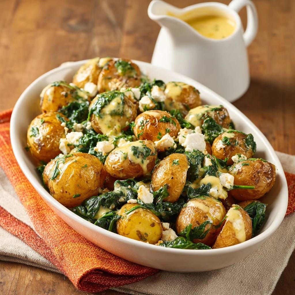 Knapperige babyaardappelen met spinazie, feta en mosterdsaus