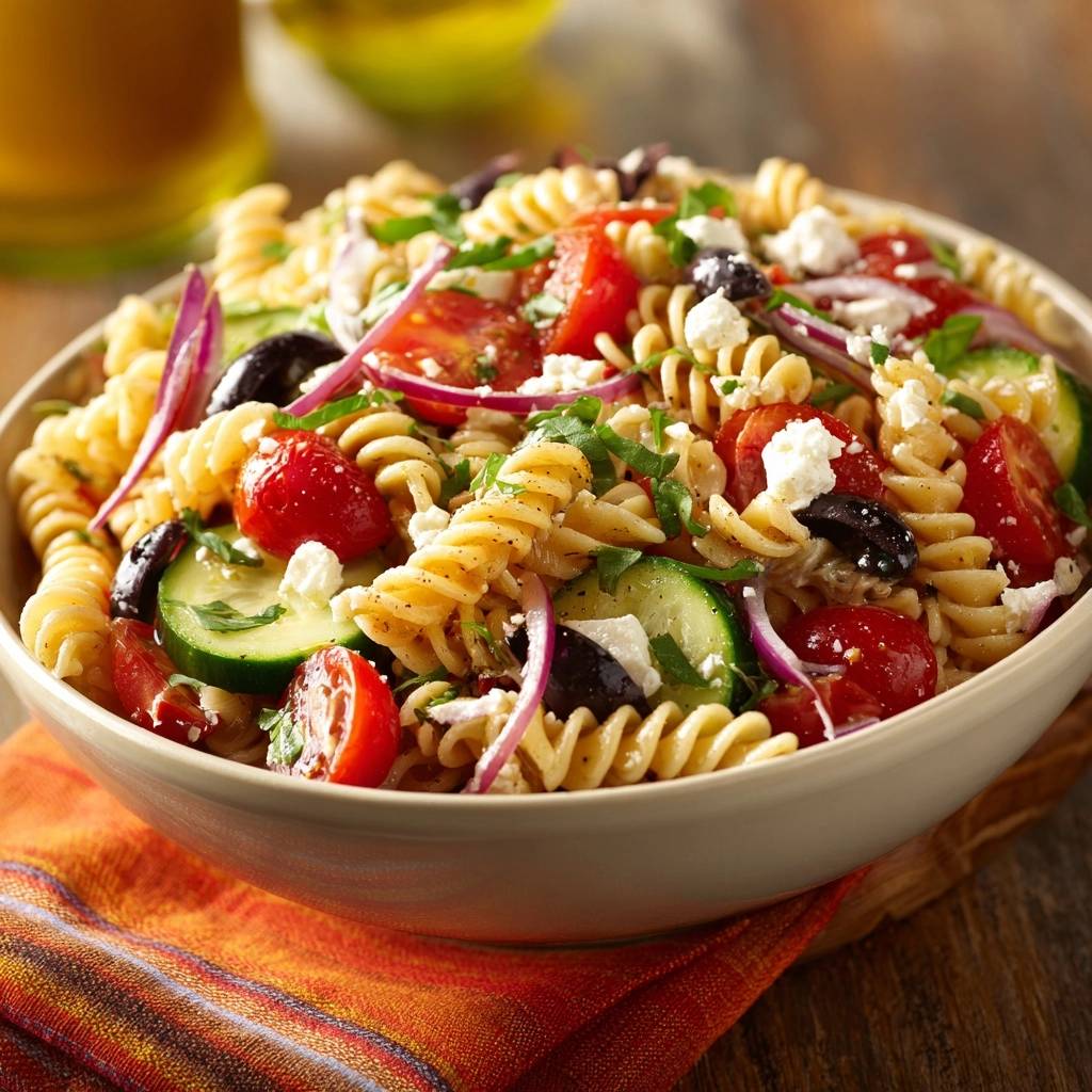 Griekse Fusilli-salade (Nooit meer papperige pasta)