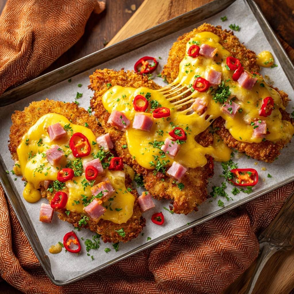 Knapperige kip schnitzel met kalkoen-kaas-chili