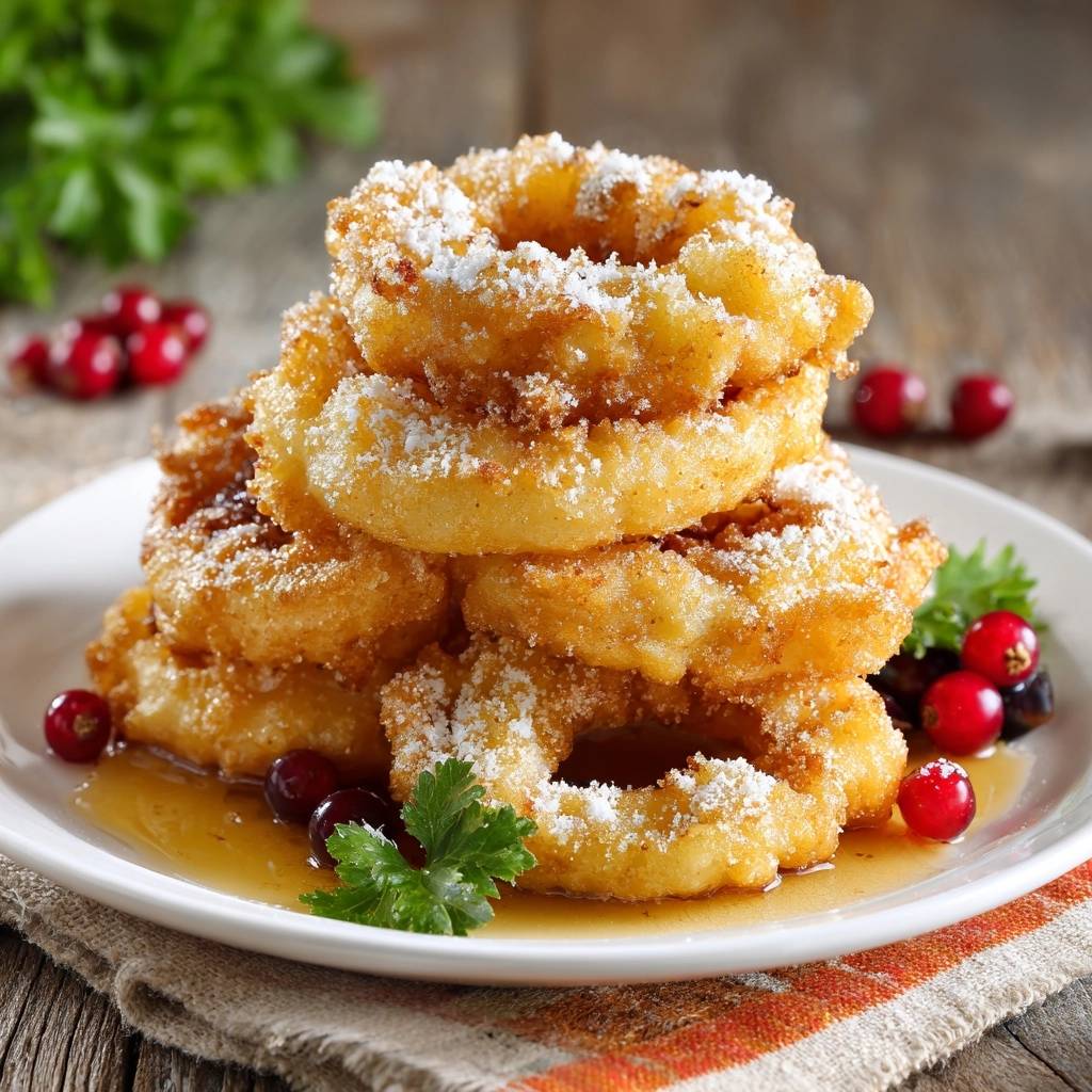 Fluffy ringvormige donuts met poedersuiker en cranberry-siroop