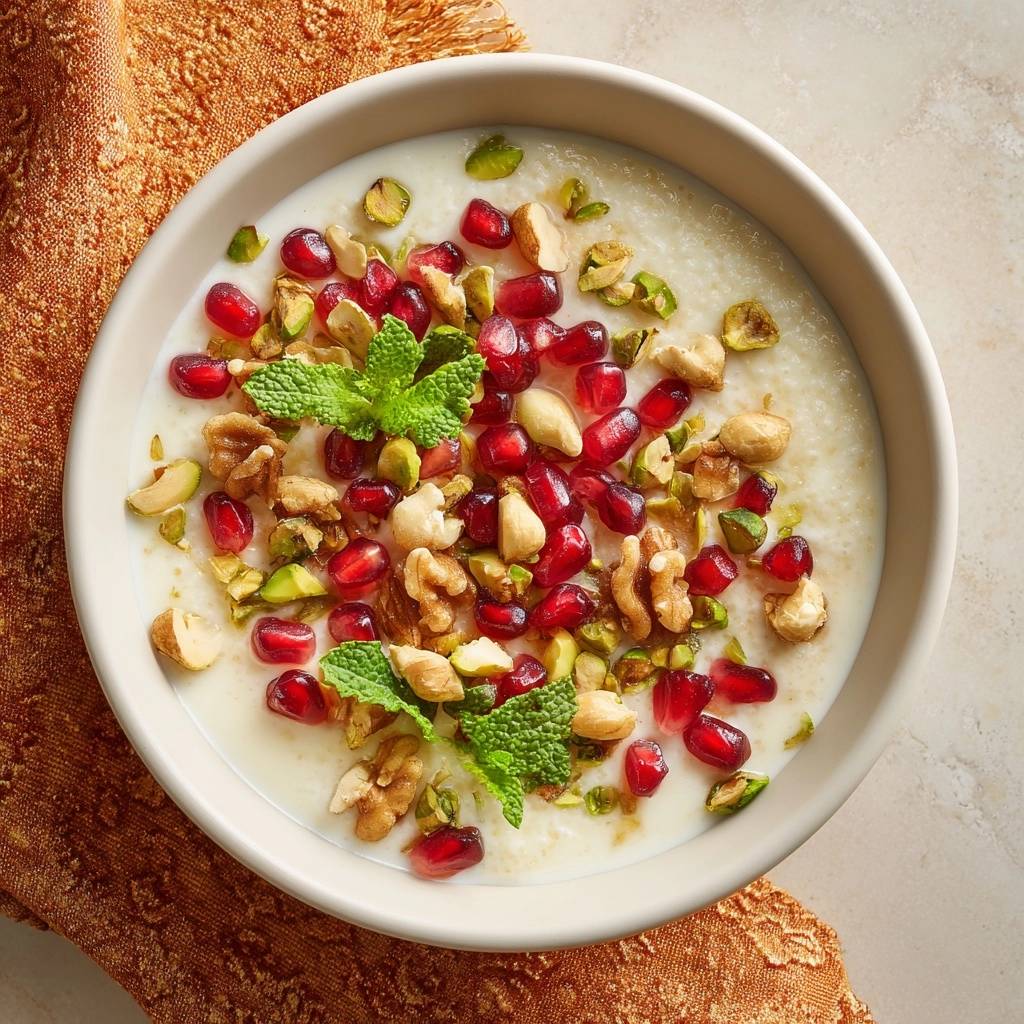 Romige rijstpudding met granaatappel, pistachenoten en walnoten