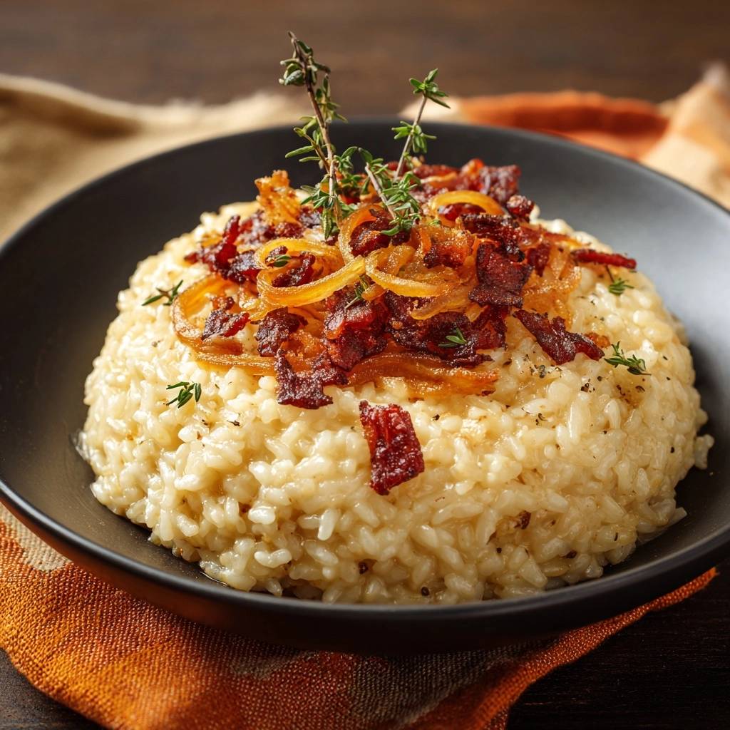 Romige risotto met krokante spek en gekaramelliseerde uien
