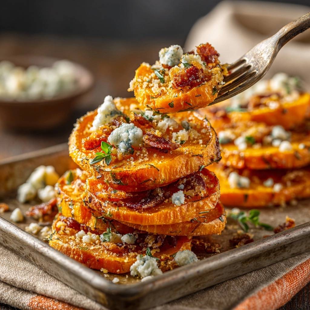 Knapperige zoete aardappelschijfjes uit de oven met gerookte tofu & blauwe schimmelkaas