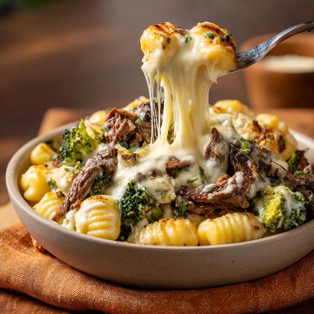 Knapperige gnocchi met rundvlees, broccoli en kaas