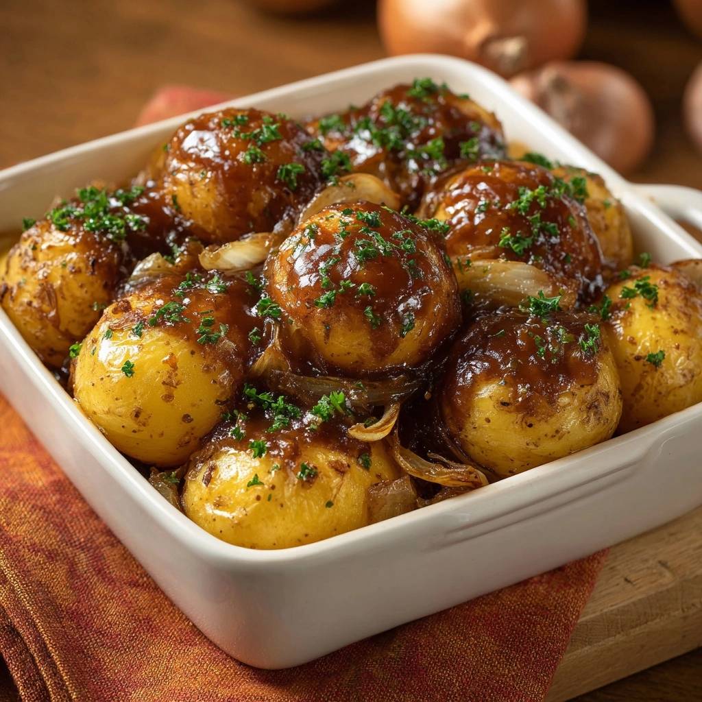 Knapperig geglazuurde babyaardappelen met uien – Recept