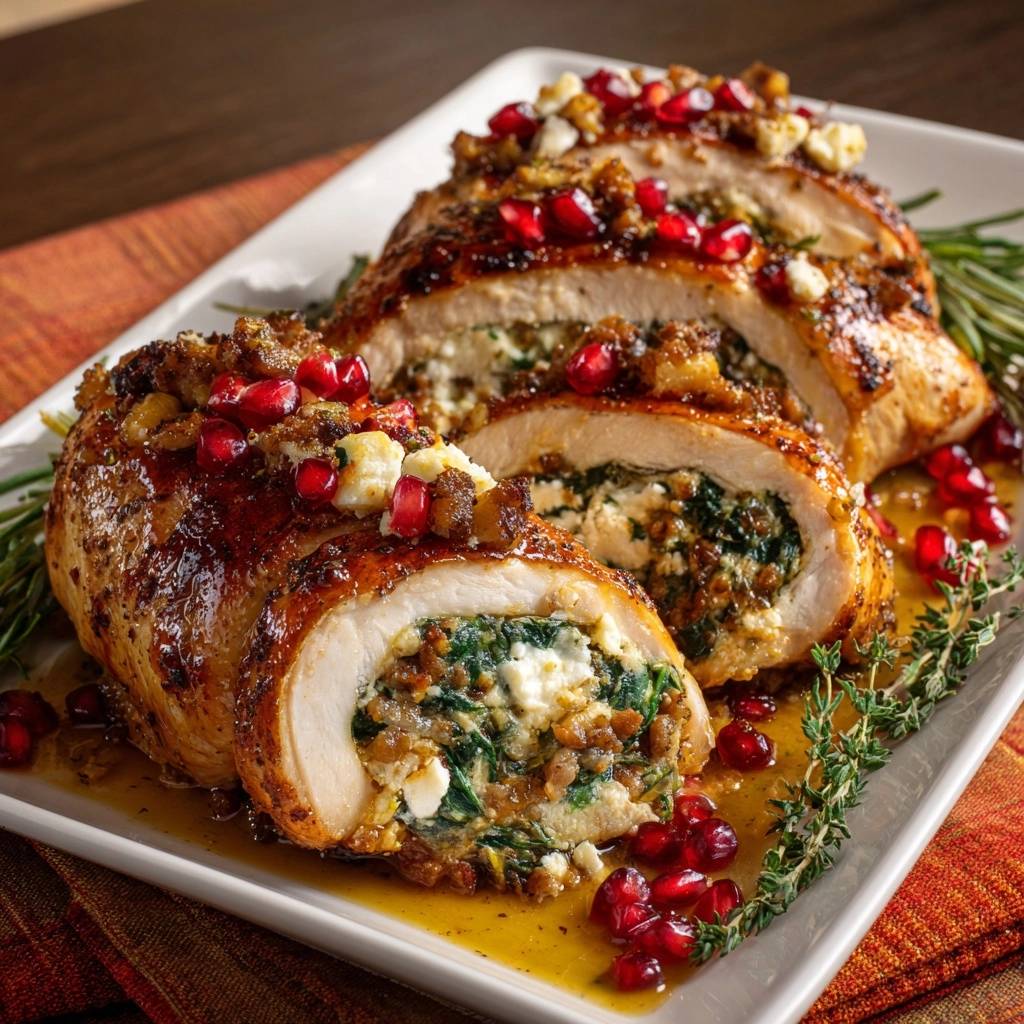 Kipfilet gevuld met spinazie en feta, walnoten en granaatappel