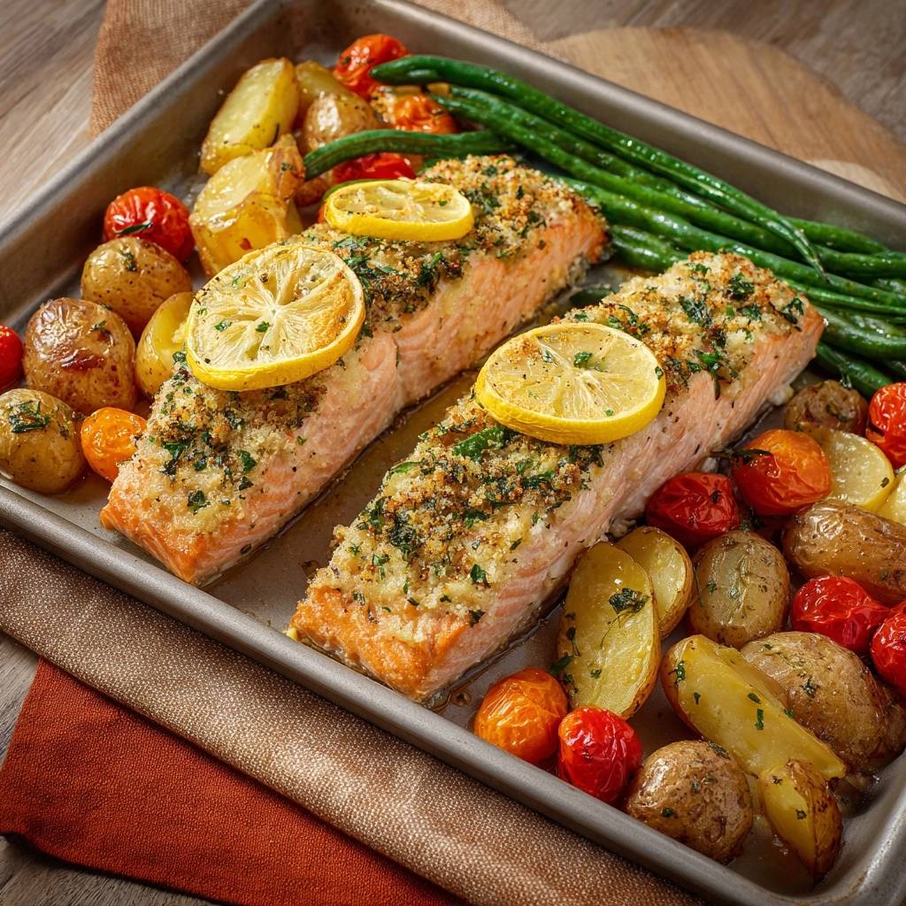 Blikzalm met citroenkorst, ovenaardappelen, bonen & tomaten