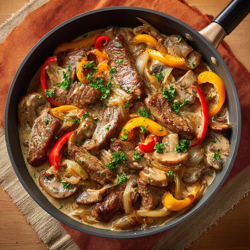 Romige runderreepjes met paprika en champignons