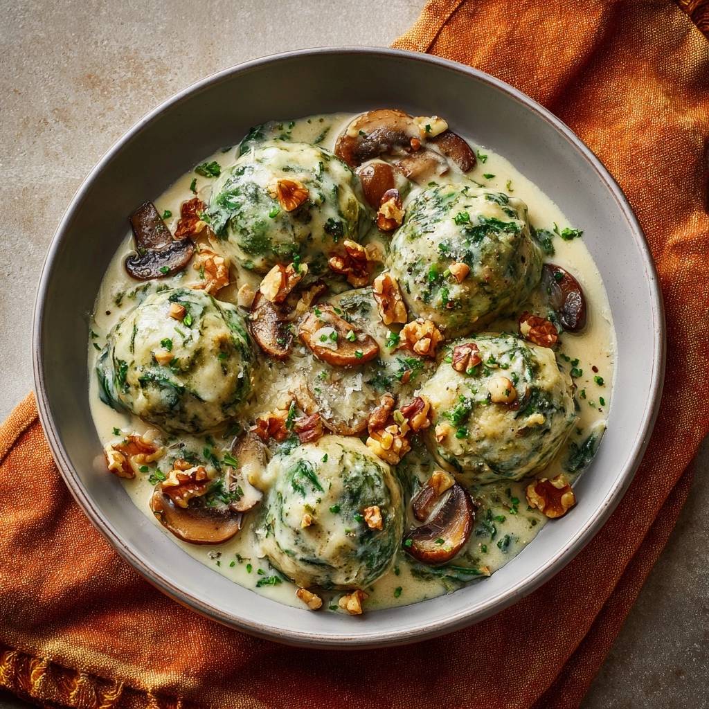 Spinazie-Ricotta-Gnudi in romige paddenstoel-walnootsaus (Nooit meer uit elkaar vallende Gnudi!)