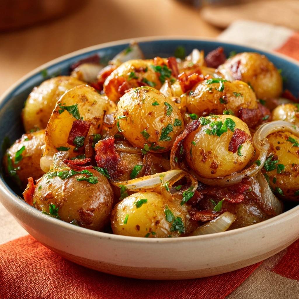 Krokante nieuwe aardappelen met spek en uien