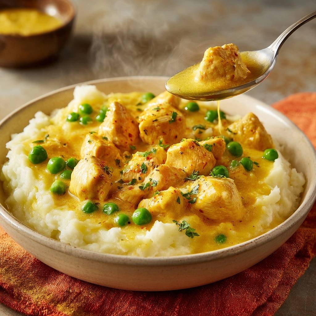 Sappige kipmosterd met erwten op aardappelpuree