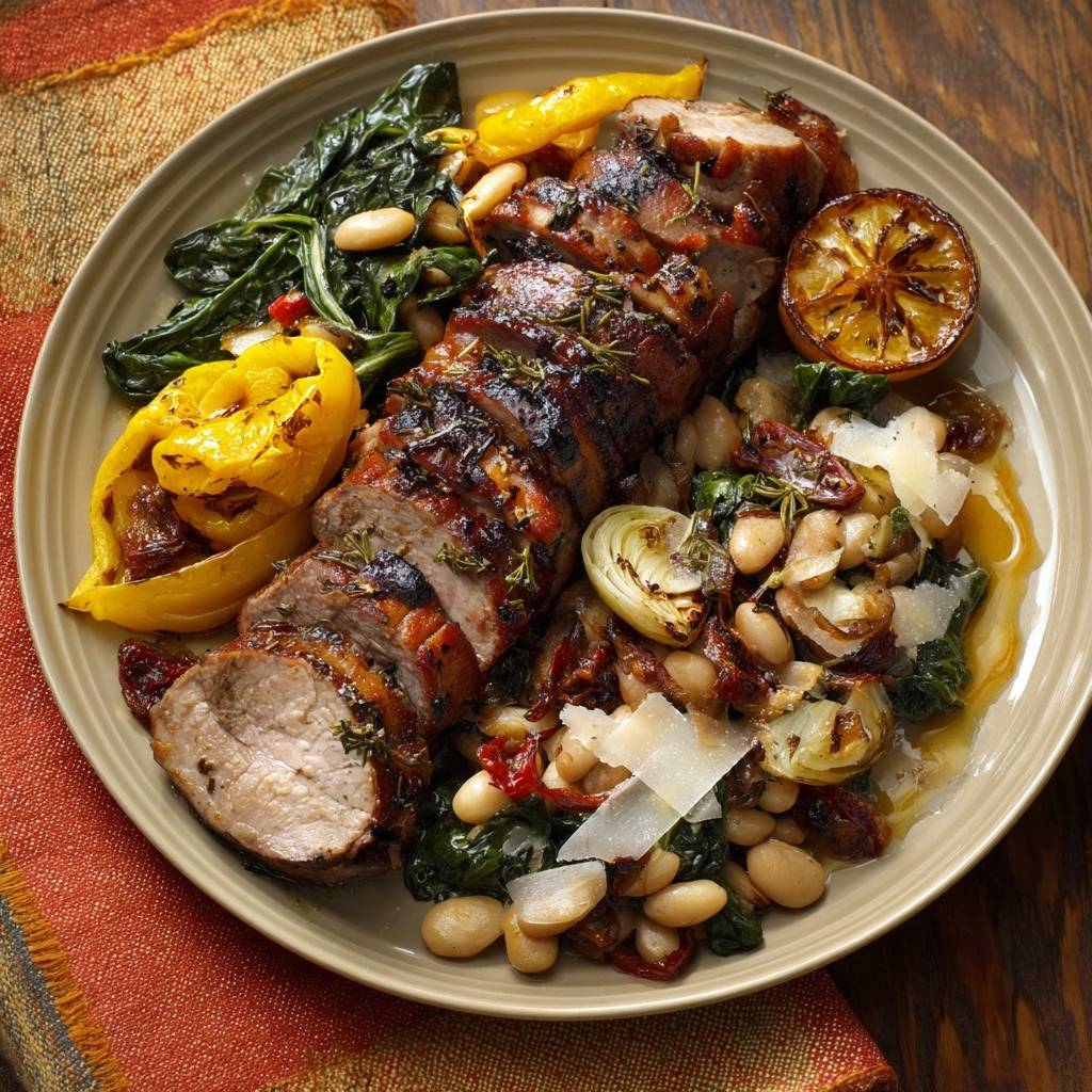 Gegrild varkenshaasje met spinazie, witte bonen, paprika en artisjokken