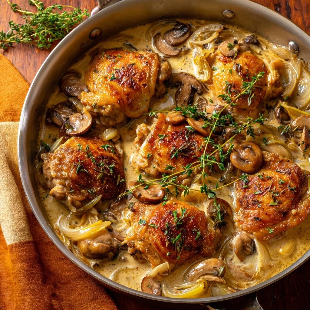 Romige kip met champignons en prei (Eindelijk knapperige huid!)