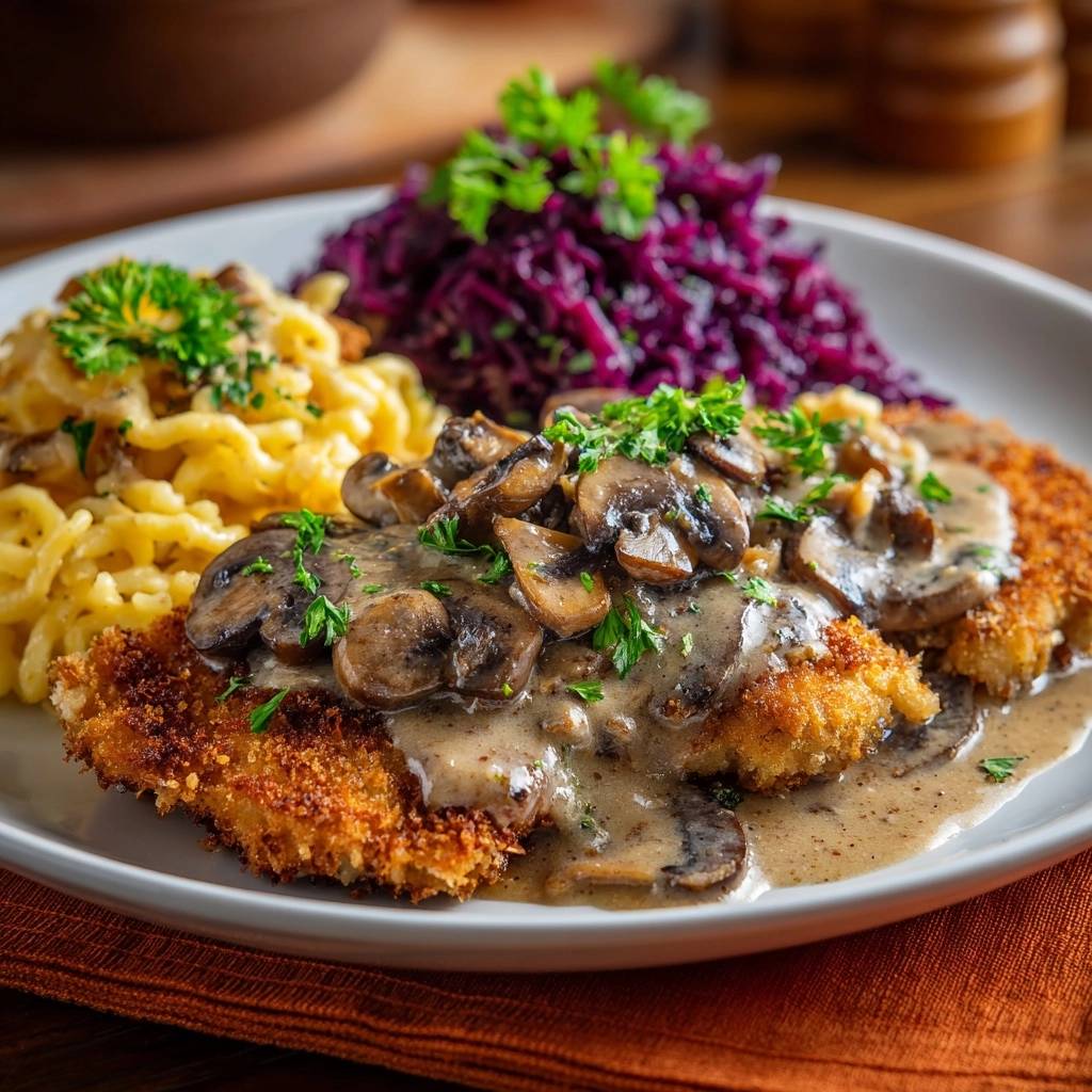 Knapperige kipschnitzel met romige paddestoelensaus, Spätzle en rode kool