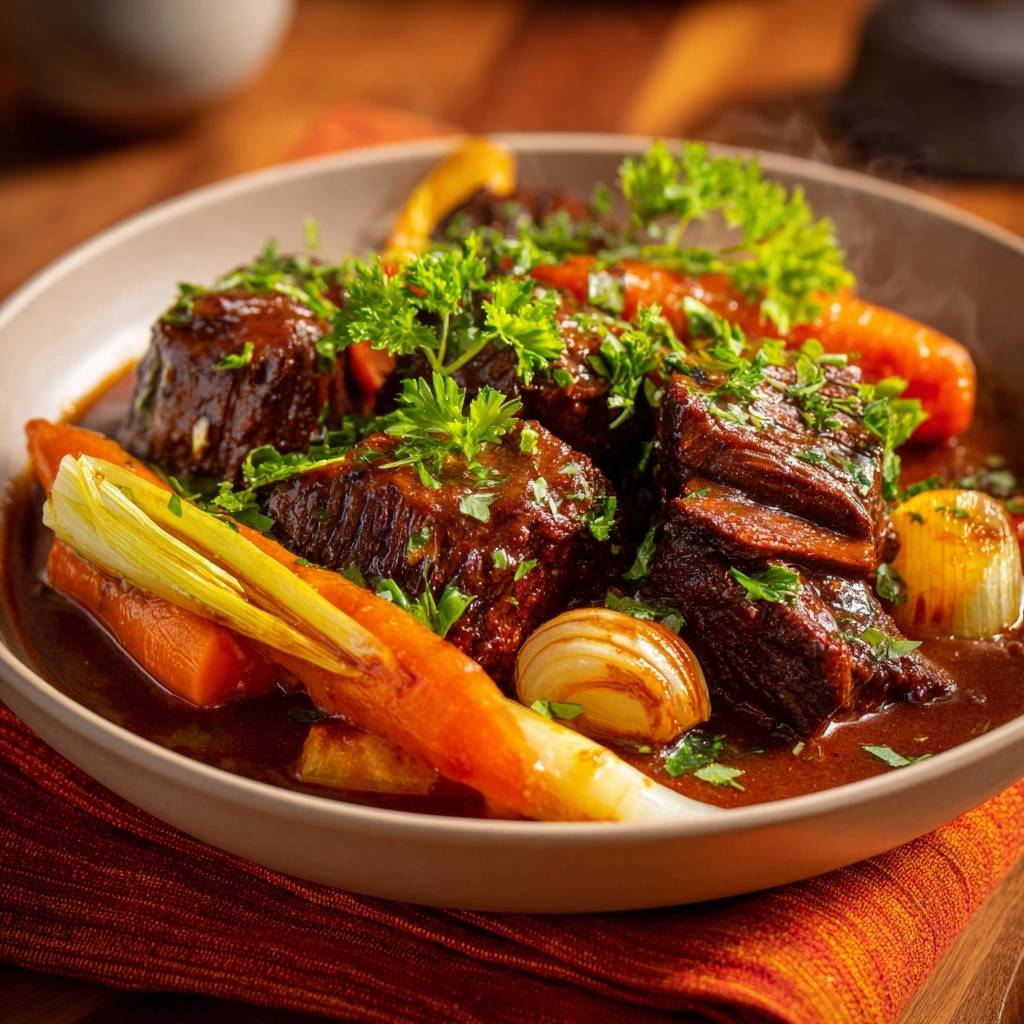 Zacht rundvleesstoofpotje met wortelen, prei en pareluien