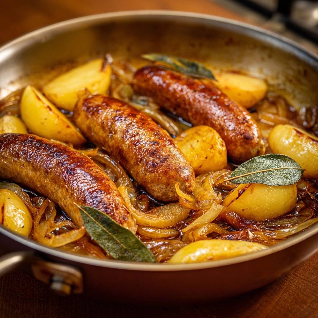 Bratwurstpan met aardappelen en uien – krokant
