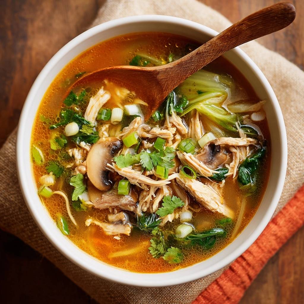 Aziatische kippensoep met paksoi en paddenstoelen