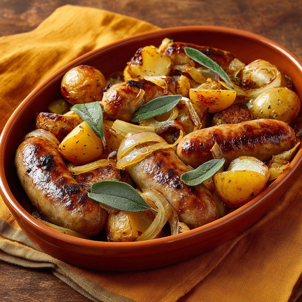 Bratwürsten met babyaardappelen, uien en salie