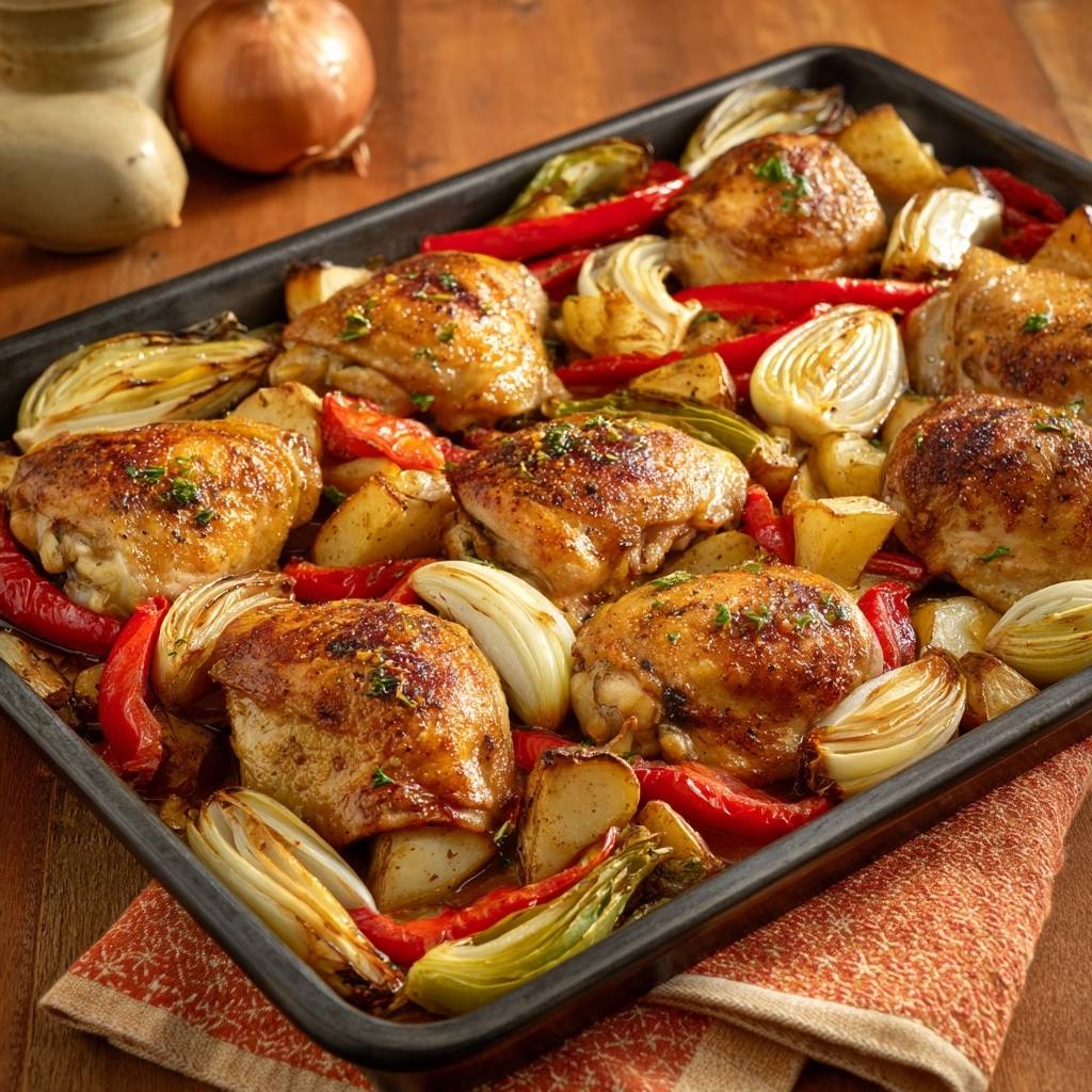 Oventenen kippenbouten met paprika, aardappelen en venkel