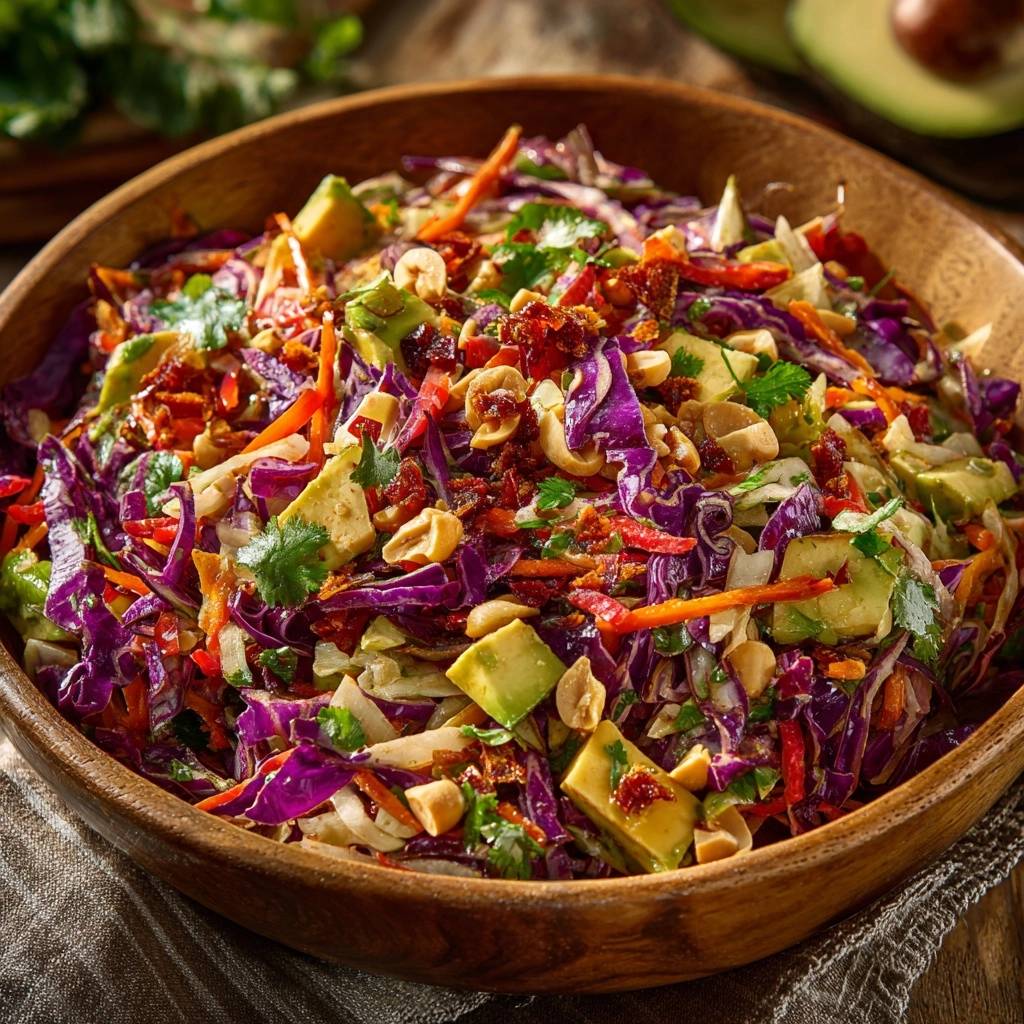 Kleurrijke Aziatische koolsalade met avocado & pinda’s