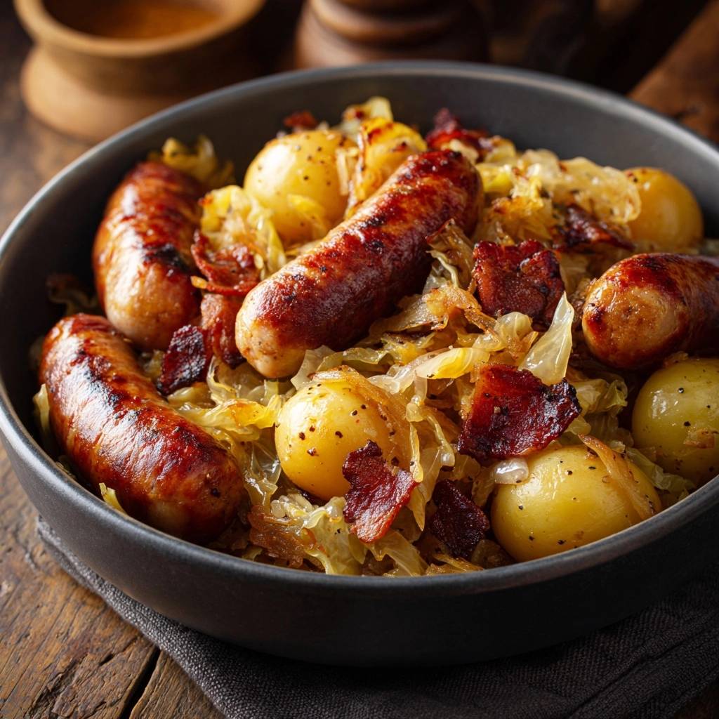 Bratwurst met zuurkool, babyaardappelen en spek