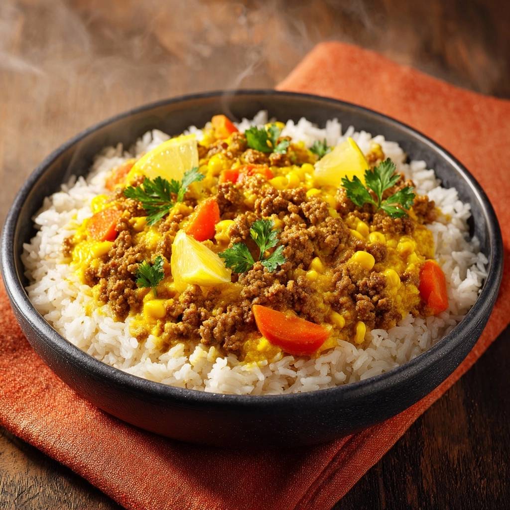 Indiaas gehaktcurry met rijst, maïs en groenten