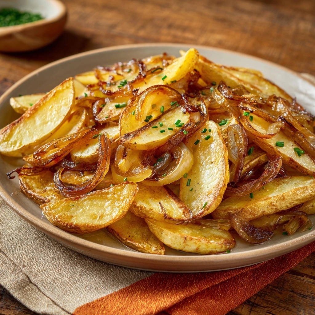 Goudbruine gebakken aardappelen met gekarameliseerde uien: knapperig en nooit zacht!
