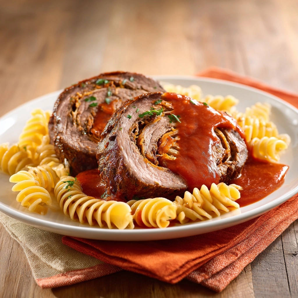 Deftige rundvleesrullen met fusilli: smeuïg en nooit meer droog