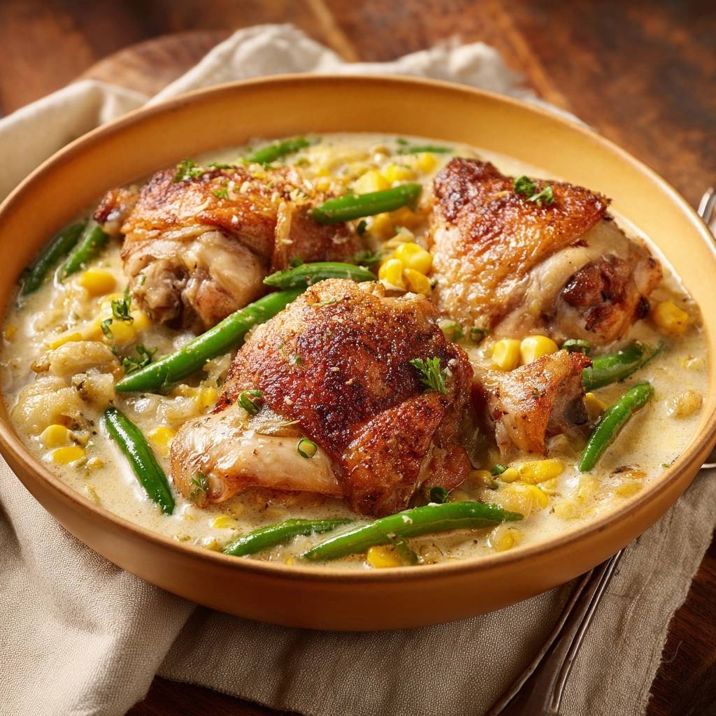 Knapperige kippenbouten met bonen-maïs saus