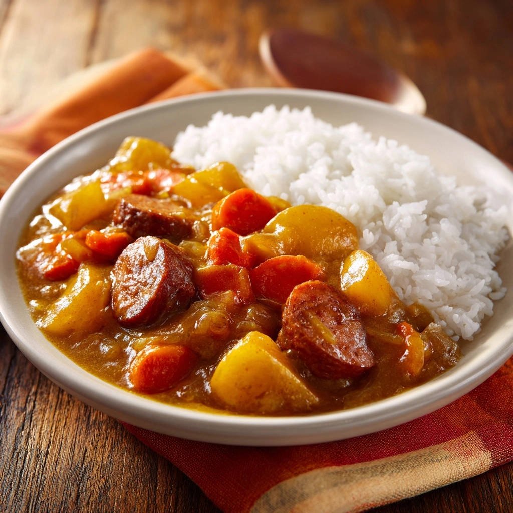 Hartige worst-aardappelcurry met rijst: nooit meer waterige saus!