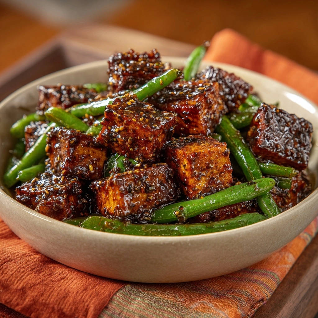 Glanzende sesamtofu met knapperige bonen: nooit meer zompige tofu!