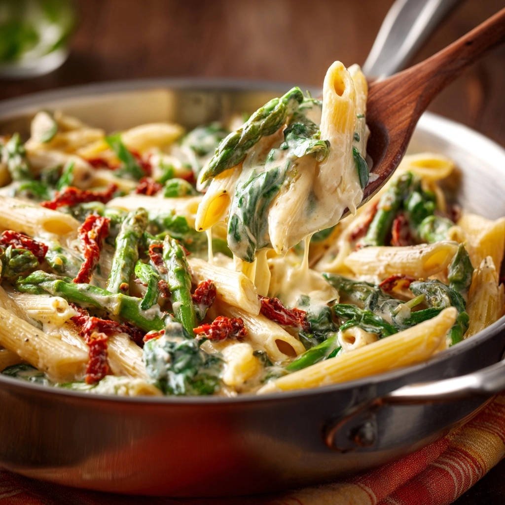 Romige asperge-spinaziepasta met gedroogde tomaten: nooit meer waterige saus!