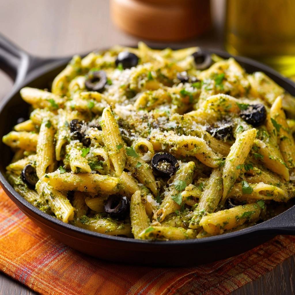 Penne met pesto, olijven en Parmezaanse kaas – al dente truc