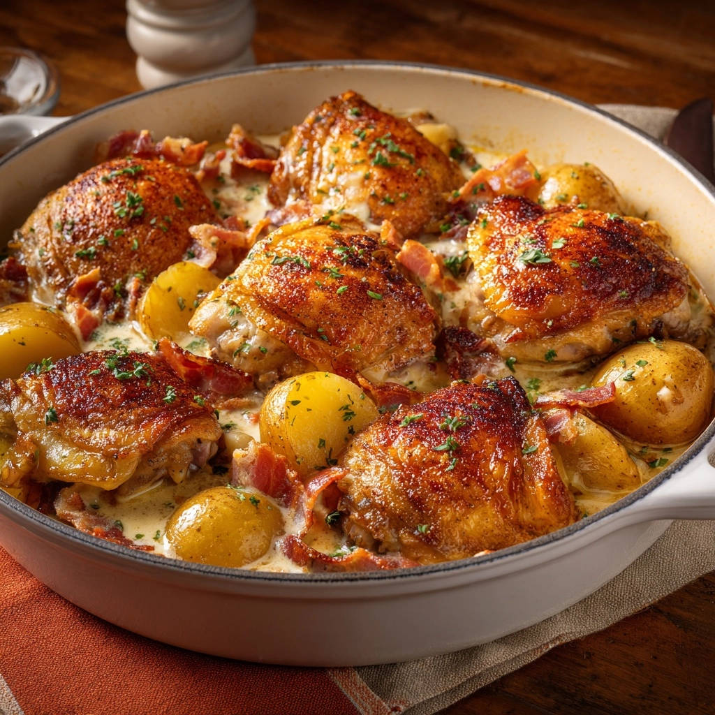 Sappige kippenbouten met aardappelen en spek in roomsaus: knapperig-romige lekkernij!