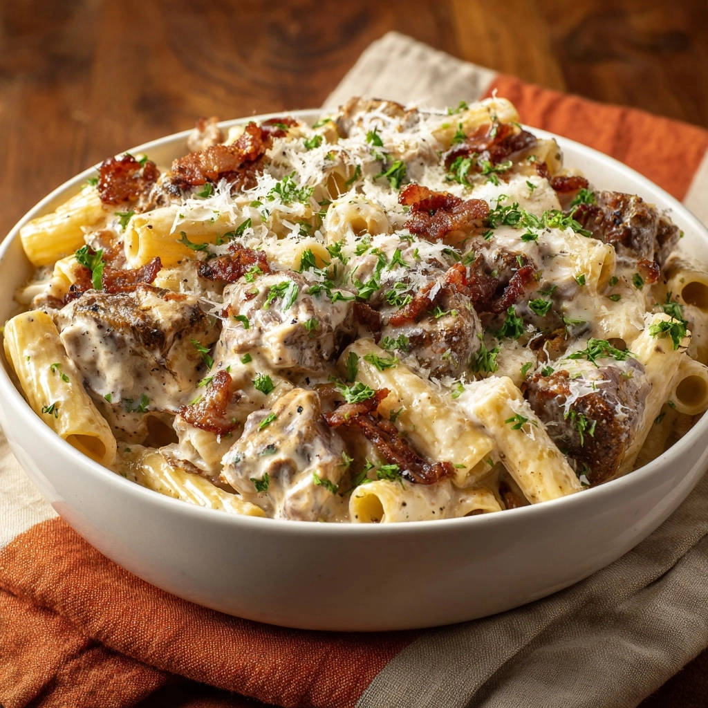 Romige rigatoni met pittige stukjes vlees en knapperige spek: nooit meer droog!