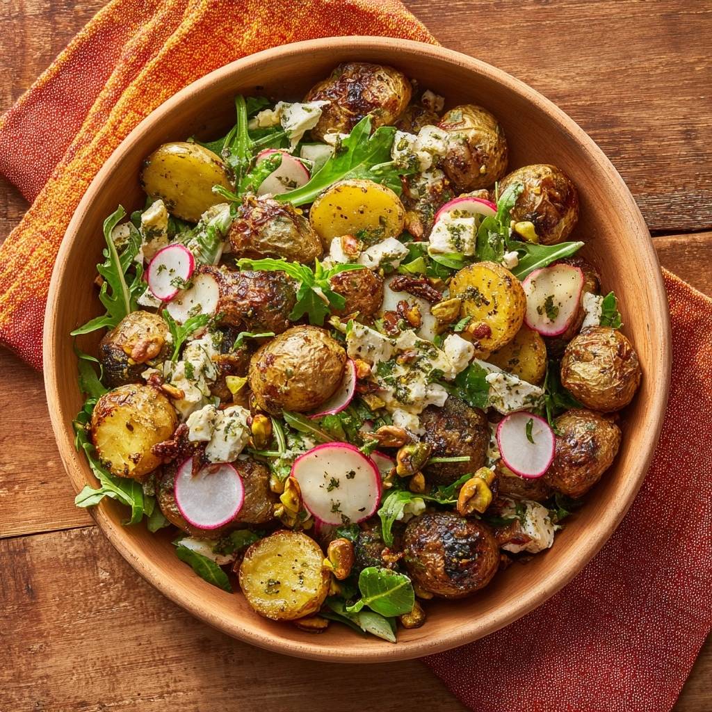 Knapperige rucola-aardappelsalade met feta & pistachenoten