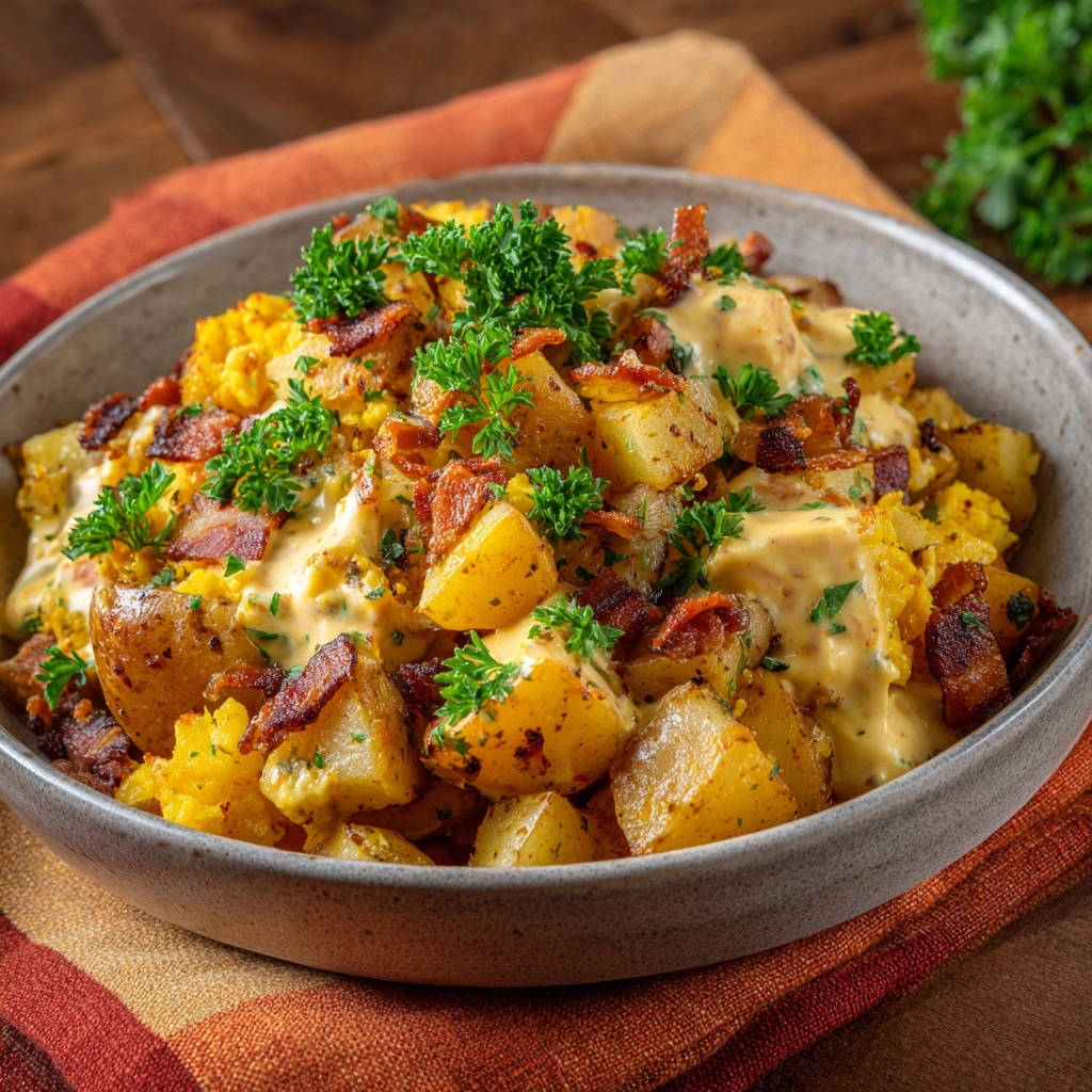 Hartige aardappelpannetje met krokante spek en romige kaassaus: pure perfectie