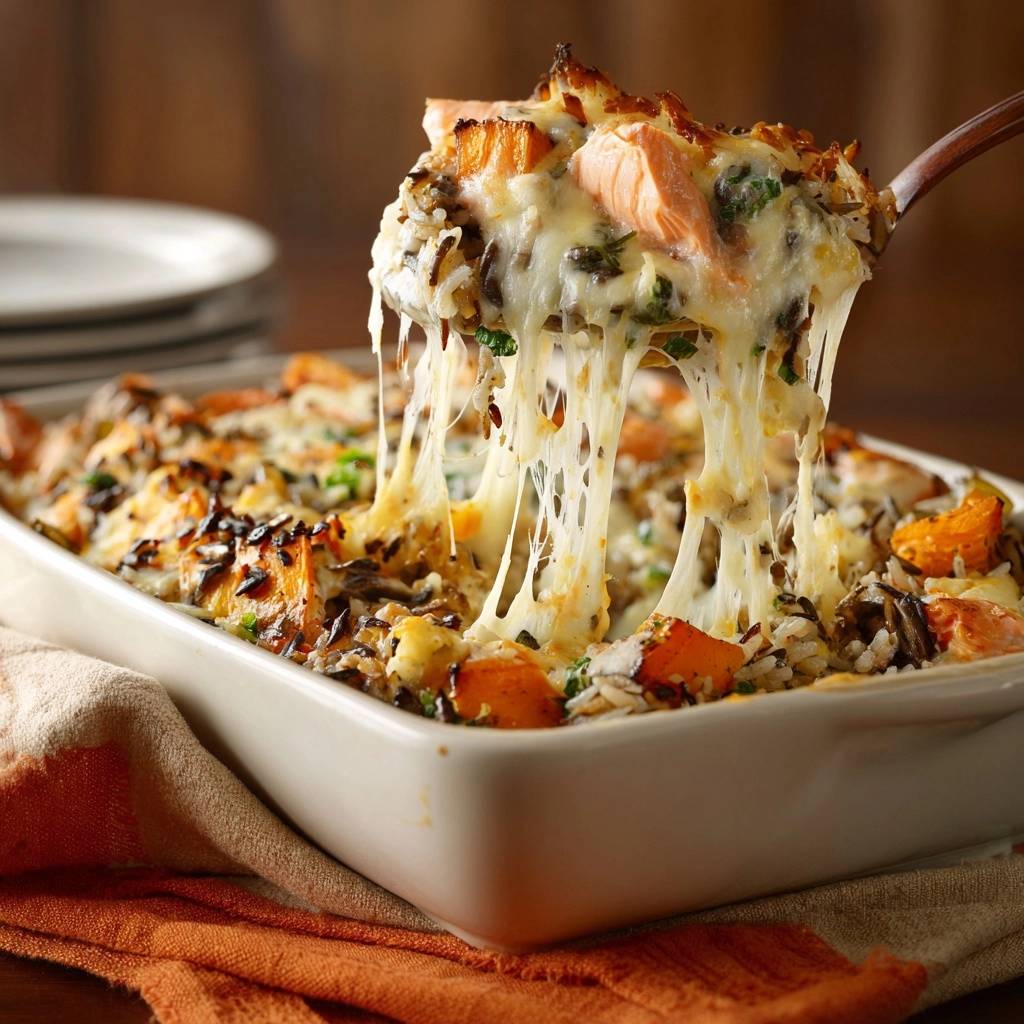 Kaasachtige gegratineerde zalm-wilde rijst ovenschotel met pompoen