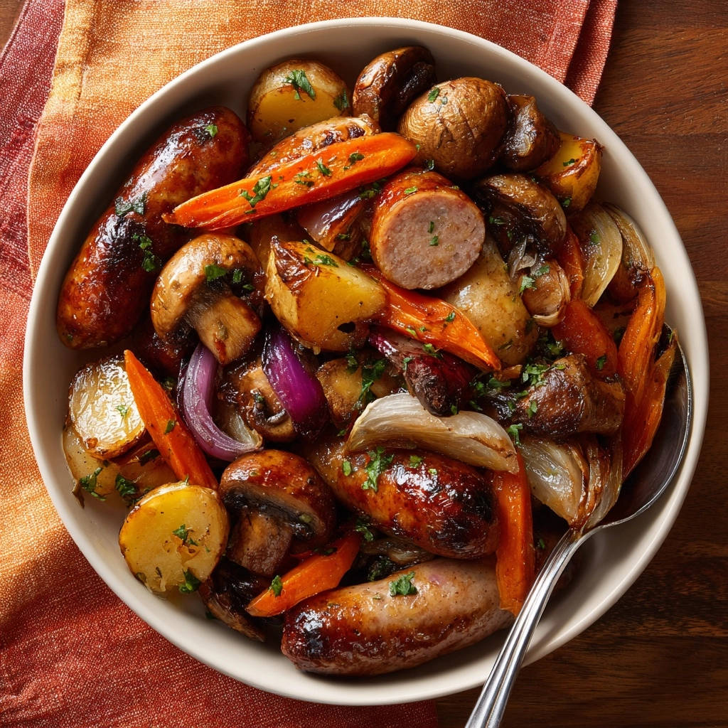 Hartige ovenschaal met worstjes en wortelgroenten: perfect sappig en knapperig