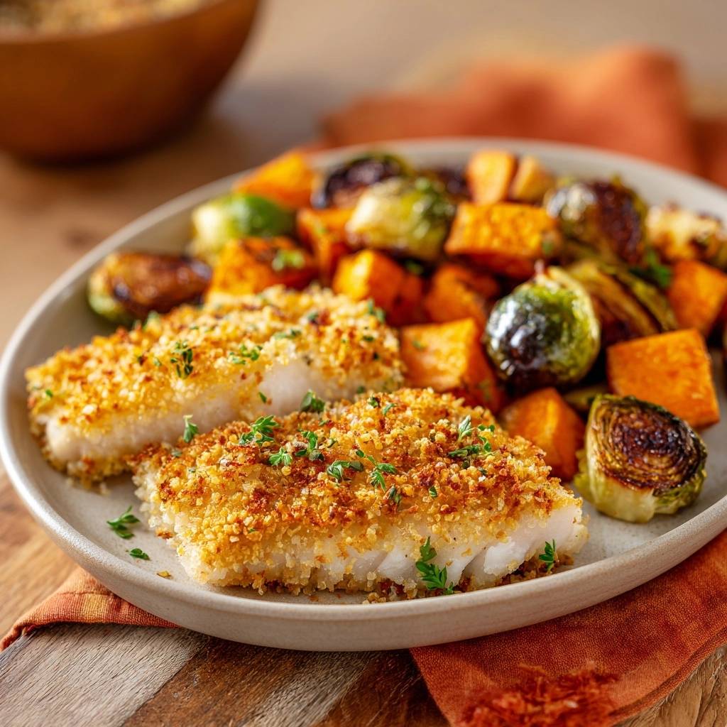 Knapperige Panko-vis met spruitjes & zoete aardappelen