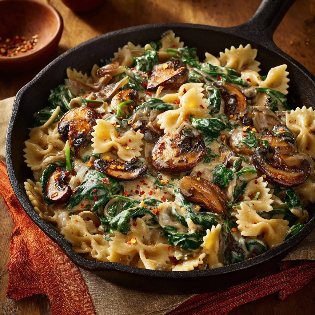 Romige farfalle met champignons en spinazie: perfect gebruinde champignons, romige smaakervaring