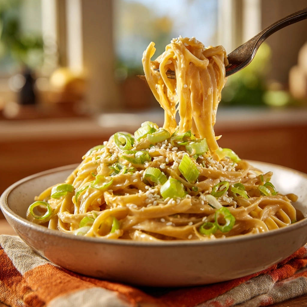 Romige sesamnoedels met lente-uitjes: perfect hechtende saus!