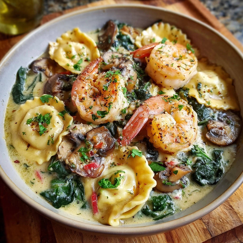 Romige ravioli met gebakken garnalen en paddenstoelen: perfect mals & onweerstaanbaar