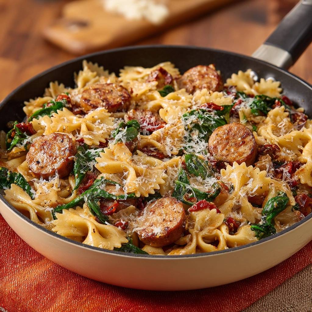 Bratwurst-Farfalle met spinazie & zongedroogde tomaten (Nooit meer papperige pasta)