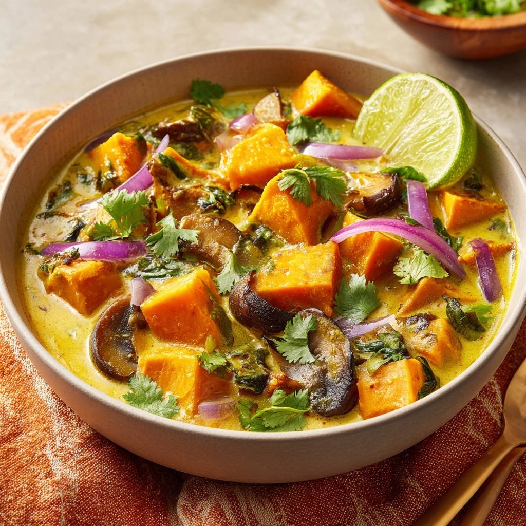 Romige zoete aardappel-curry met champignons en spinazie: nooit meer pap!