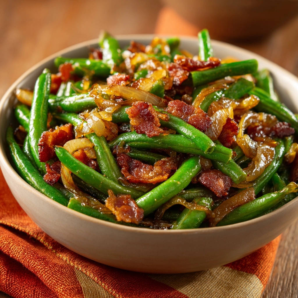 Knapperige groene bonen met spek en uien: nooit meer pap!