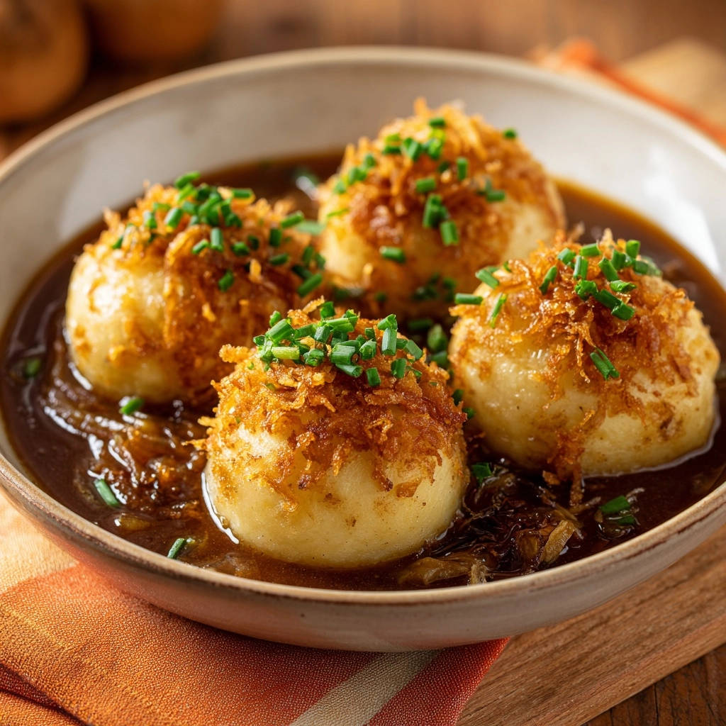 Klassieke aardappelknoedels met uienjus: nooit meer papperig!