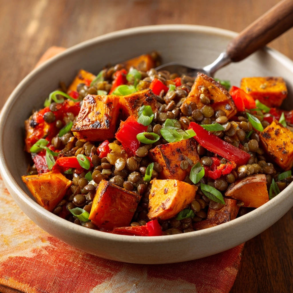 Geroosterde zoete aardappel-linzenschaal: Het geheim van smaakvolle linzen