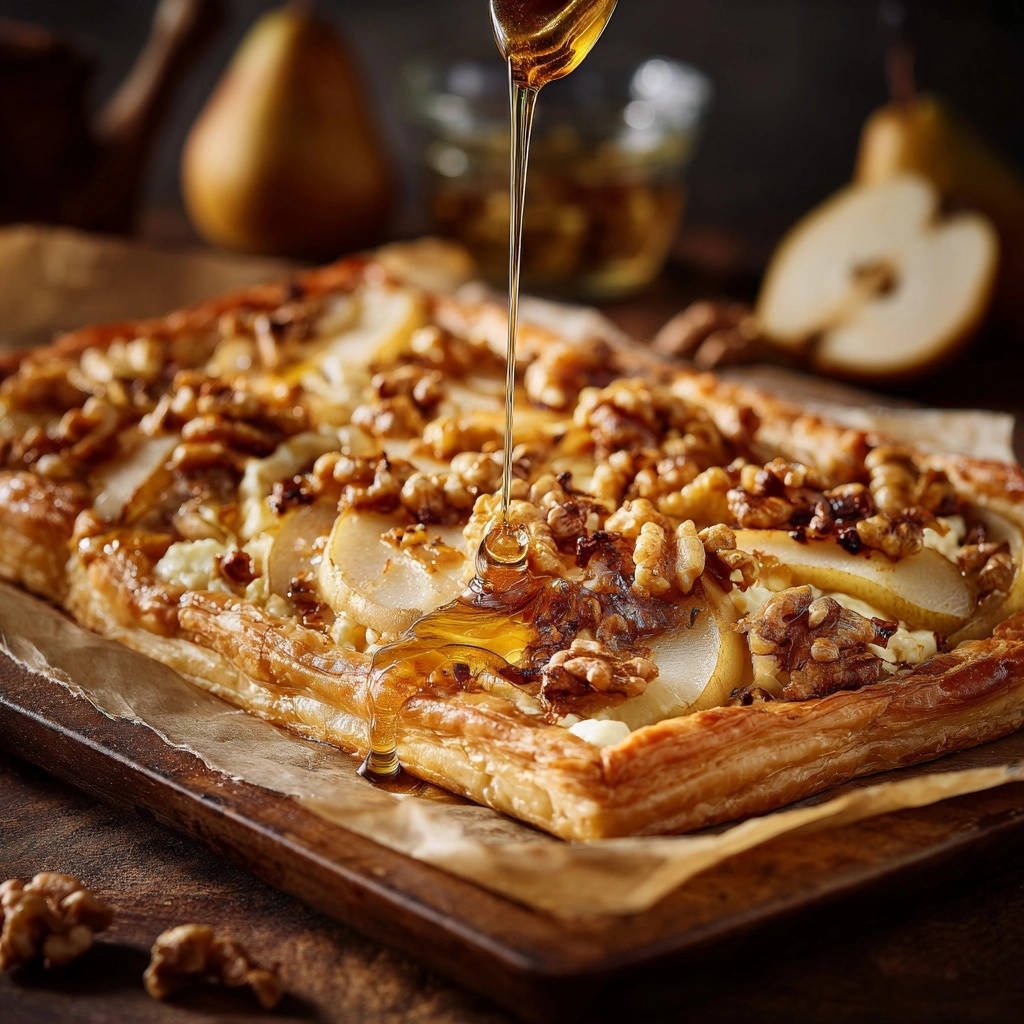Elegante peren-walnoottaart met geitenkaas & honing: krokant & nooit papperig