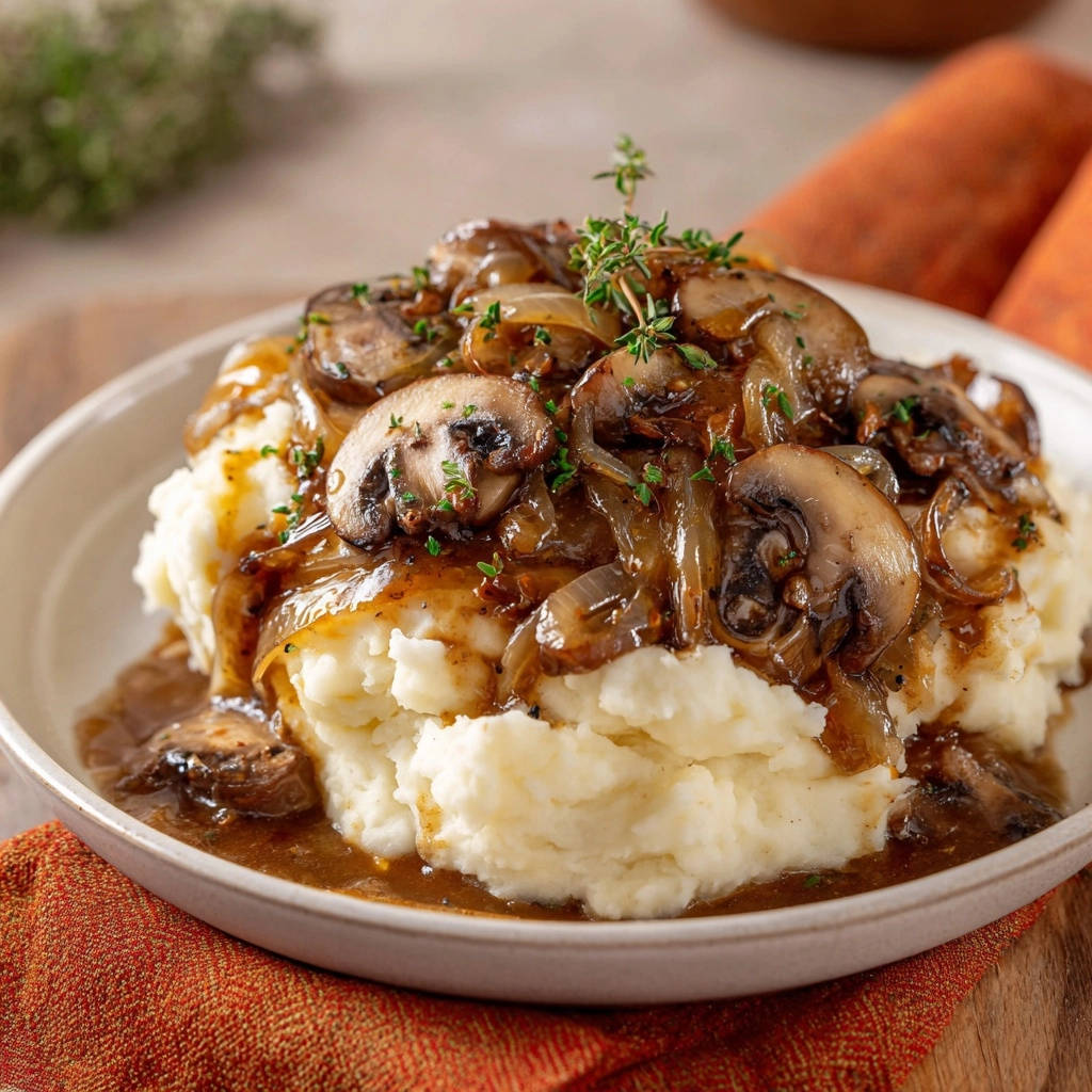 Romige aardappelpuree met paddestoel-uiensaus: nooit meer waterige saus!